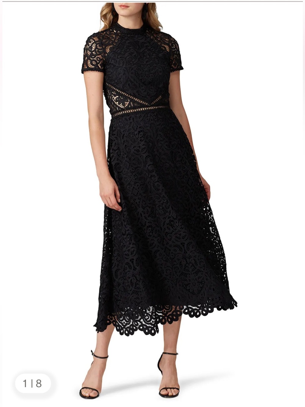 Monique Lhuillier Black Lace Midi Dress with High Neck